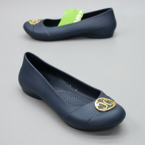 Crocs Ladies 9 M Gianna Disc Flats Navy Blue Gold Medallion Slip-on Ballet Shoes - Picture 1 of 9